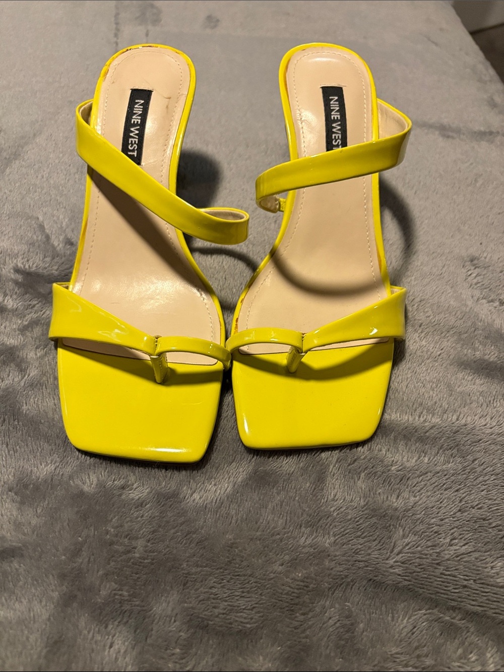 Nine West Bright Yellow Patent Square-Toe Strappy Heels